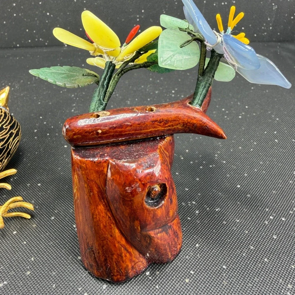 Cloisonne Enamel Bird Figurine Carved Wood Base Quartz Jade Stone Flowers 6in